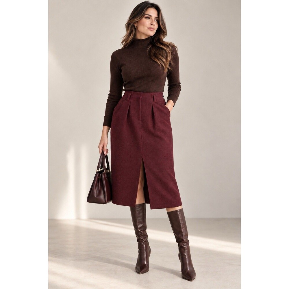 NWT ODEEH Women Burgundy VIRGIN WOOL Midi Skirt High Waisted LUXURY Size 36 S